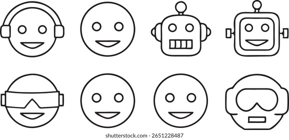 tech emoji icon set, solid black, smiley robot cyber face, editable expressive emoji symbols for digital or VR communication apps