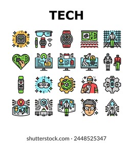 entusiasta de la tecnología geek nerd man iconos conjunto de Vector. realidad informática, negocio de oficina, trabajo de tecnología, equipo virtual, gafas juego entusiasta de la tecnología geek nerd man línea de color ilustraciones