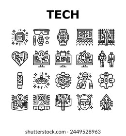 entusiasta de la tecnología geek nerd man iconos conjunto de Vector. realidad informática, negocio de oficina, trabajo de tecnología, equipo virtual, gafas juego entusiasta de la tecnología geek nerd man negro contorno ilustraciones