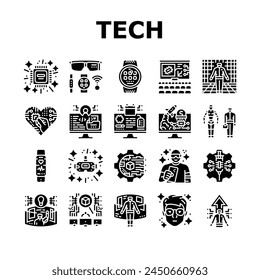 entusiasta de la tecnología geek nerd man iconos conjunto de Vector. realidad informática, negocio de oficina, trabajo de tecnología, equipo virtual, gafas juego entusiasta de la tecnología geek nerd man glifo pictograma Ilustraciones