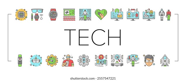 tech enthusiast geek nerd man icons set vector. computer reality, office business, technology work, virtual team, glasses game tech enthusiast geek nerd man color line illustrations