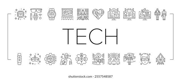 tech enthusiast geek nerd man icons set vector. computer reality, office business, technology work, virtual team, glasses game tech enthusiast geek nerd man black contour illustrations