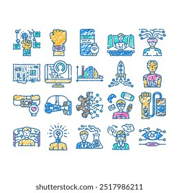 tech enthusiast reality virtual doodle icons set vector. sketch line art digital augmented, computer energetic, technology cyberpunk, learning tech enthusiast reality virtual color illustrations