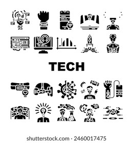 Tech Enthusiast Reality Virtual Icons setzen Vektorgrafik. Digital Augmented, Computer Energetic, Technologie Cyberpunk, Lernen Tech Enthusiast Reality Virtual Glyph Piktogramm Illustrationen