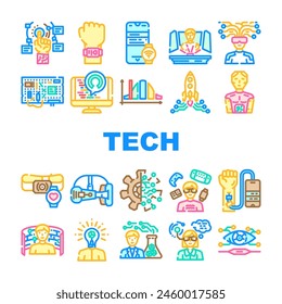 Tech Enthusiast Reality Virtual Icons setzen Vektorgrafik. Digital Augmented, Computer Energetic, Technologie Cyberpunk, Lernen Tech Enthusiast Reality Virtual Color Line Illustrationen