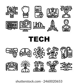 Tech Enthusiast Reality Virtual Icons setzen Vektorgrafik. Digital Augmented, Computer Energetic, Technologie Cyberpunk, Lernen Tech Enthusiast Reality Virtual Black Contour Illustrationen