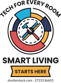 Tech for every room is the idea behind this logo. The logo is a circle with a hammer and a ruler inside it. The hammer and ruler represent the tools that are used in smart living. The logo is black