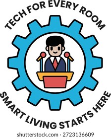 La tecnología para cada habitación comienza aquí. Un hombre está parado frente a un podio. El logotipo es un engranaje con un hombre en el medio