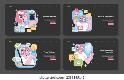 Tech Evolution set. Dive into machine learning processes, explore artificial intelligence realms, interact with virtual assistants, and grasp natural language processing. vector illustration