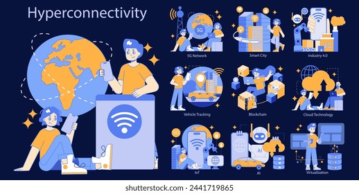 Tech Evolution Showcase. Visualizing hyperconnectivity through 5G networks, smart city infrastructure, Industry 4.0 automation, and cutting-edge technologies like IoT and blockchain. Vector