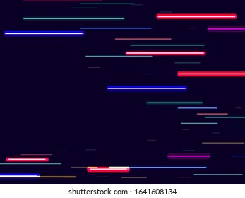 Tech Fashion Print Design with Neon Stripes and Lines. Futuristic Background with Traces of Moving Fast Lights. Bright Stripes on Dark Backdrop. Textile, Fabric Pattern Background.
