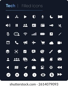 Tech Filled Icons Set: Mobile, Communication, Security, Cloud, and Social Media Symbols. UI icon collection