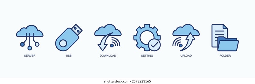 Tech Flow Icon Set Icon Set Isolated Vector Illustration Concept With Icon Of Server, Usb, Download, Setting, Upload, Folder In Blue Style
