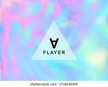 Tech flyer neon hologram texture vector background. Abstract graphic design elements. Glamorous neon holographic gradient template for flyer design.