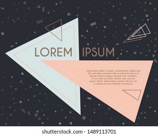 Tech flying triangles geometric banner vector design. Poster or flyer template with geometric confetti - triangles, circles, squares, cross, zigzag shapes. Banner graphic design with text place.