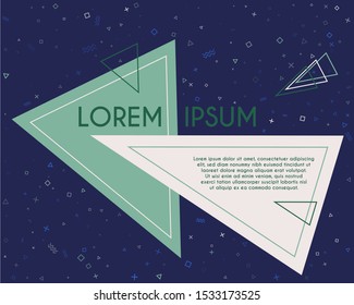 Tech flying triangles geometric banner vector design. Poster or flyer template with geometric confetti - triangles, circles, squares, cross, zigzag shapes. Banner concept with title and text.