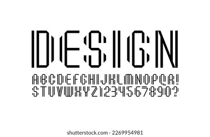 Tech font alphabet from double line, minimal technology style letters and numbers made in parallel ribbon, vector illustration 10EPS