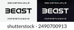 Tech font, digital alphabet, thin Latin letters A, B, C, D, E, F, G, H, I, J, K, L, M, N, O, P, Q, R, S, T, U, V, W, X, Y, Z and Arab numerals 0, 1, 2, 3, 4, 5, 6, 7, 8, 9 made in design cyber future