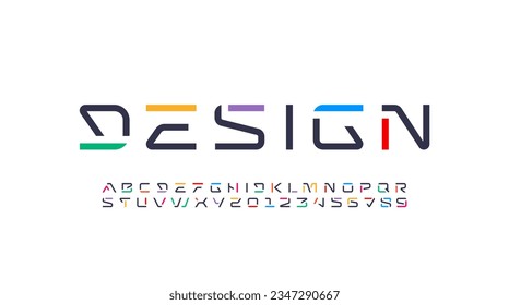 Tech font, digital alphabet, thin Latin letters A-Z and Arab numerals 0-9 made in design cyber future, vector illustration 10EPS