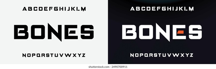 Tech font, digital alphabet, thin Latin letters A, B, C, D, E, F, G, H, I, J, K, L, M, N, O, P, Q, R, S, T, U, V, W, X, Y, Z and Arab numerals 0, 1, 2, 3, 4, 5, 6, 7, 8, 9 made in design cyber future