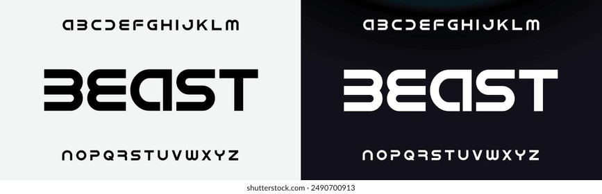 Tech font, digital alphabet, thin Latin letters A, B, C, D, E, F, G, H, I, J, K, L, M, N, O, P, Q, R, S, T, U, V, W, X, Y, Z and Arab numerals 0, 1, 2, 3, 4, 5, 6, 7, 8, 9 made in design cyber future