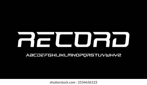 Tech font, digital alphabet, thin Latin letters A, B, C, D, E, F, G, H, I, J, K, L, M, N, O, P, Q, R, S, T, U, V, W, X, Y, Z and Arab numerals 0, 1, 2, 3, 4, 5, 6, 7, 8, 9, vector illustration 10EPS
