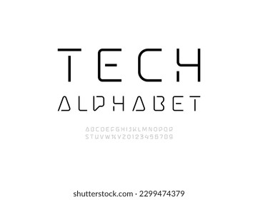 Tech font, digital alphabet, trendy Latin letters from A to Z and Arab numbers from 0 to 9 for design user interface, vector illustration 10EPS