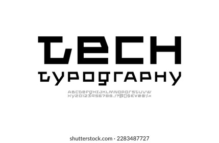 Tech font, digital cyber alphabet, trendy modern Latin letters A, B, C, D, E, F, G, H, I, J, K, L, M, N, O, P, Q, R, S, T, U, V, W, X, Y, Z and Arab numerals 0, 1, 2, 3, 4, 5, 6, 7, 8, 9 made in desig