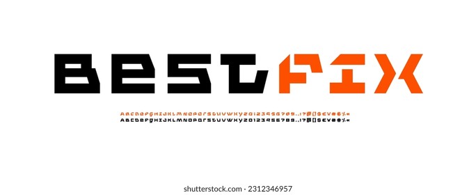 Tech font, digital cyber alphabet, modern Latin letters A, B, C, D, E, F, G, H, I, J, K, L, M, N, O, P, Q, R, S, T, U, V, W, X, Y, Z and Arab numerals 0, 1, 2, 3, 4, 5, 6, 7, 8, 9, two set typeface