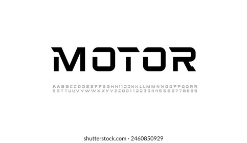 Tech font, digital cyber stencil alphabet, letters A, B, C, D, E, F, G, H, I, J, K, L, M, N, O, P, Q, R, S, T, U, V, W, X, Y, Z and numerals 0, 1, 2, 3, 4, 5, 6, 7, 8, 9, vector illustration 10EPS