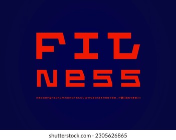 Tech font, red alphabet, trendy modern Latin letters A, B, C, D, E, F, G, H, I, J, K, L, M, N, O, P, Q, R, S, T, U, V, W, X, Y, Z and Arab numerals 0, 1, 2, 3, 4, 5, 6, 7, 8, 9 made in future design, 