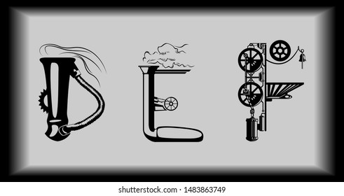Tech font in steampunk style. Various elements of gears, pipes, smoke, etc. Vector image.