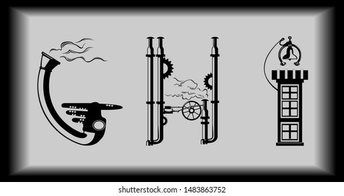 Tech font in steampunk style. Various elements of gears, pipes, smoke, etc. Vector image.