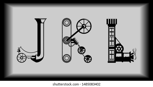 Tech font in steampunk style. Various elements of gears, pipes, smoke, etc. Vector image.