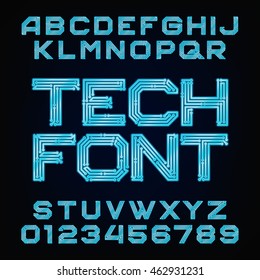 Tech Font. Vector Alphabet. Digital Hi-tech Style Letters And Numbers.