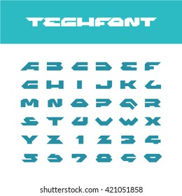 Tech font. Wide bold poster cornered letters. Industrial techno sharp angular style alphabet with number signs.