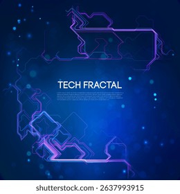 Tech fractal concept with glowing neon circuit patterns on dark blue background, futuristic digital network, cyber connectivity, abstract technology, and AI-inspired geometric design