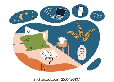 Dormitorio libre de la tecnología para el sueño sano, ninguna electrónica, ningún ambiente de los artilugios, Ilustración vectorial de la higiene del sueño, estilo plano de la historieta. Cómodo espacio para dormir libre de tecnología, desintoxicación digital