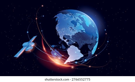 Tech futuristic background. Abstract vector. Sunrise. Satellites and rockets in orbit of planet Earth. Plasma clot of energy. Glowing rays with flickering particles. Science and technology.