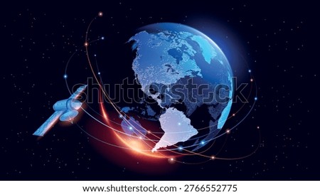 Tech futuristic background. Abstract vector. Sunrise. Satellites and rockets in orbit of planet Earth. Plasma clot of energy. Glowing rays with flickering particles. Science and technology.