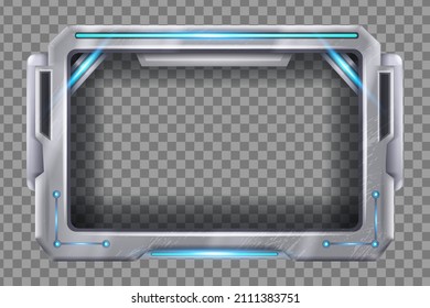 Tech Futuristic Frame Vector Screen, HUD Digital Game Border Panel, UI Spaceship Window Display. Cyberpunk Electronic Monitor Dashboard, Virtual Interface Element, Neon Lights. Metal Futuristic Frame