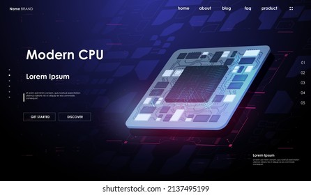 Plantilla de tecnología futurista. Chip digital con elementos HUD. Procesador de microchip futurista. Concepto de base de datos cuántica de computadoras. Ilustración moderna de CPU . Procesadores Centrales De Computadora.
