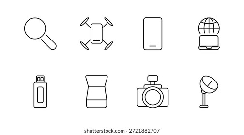 Ícone do conjunto de gadgets técnicos. Lupa, drone, telefone, globo, flash drive, lente, câmera, satélite, eletrônica moderna, fotografia, exploração, comunicação.