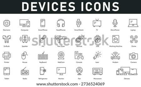 Tech and gadget thin line editable stroke icon set with vector symbols of technology electronics smart devices computer appliance mouse speaker TV smartwatch printer webcam camera radio