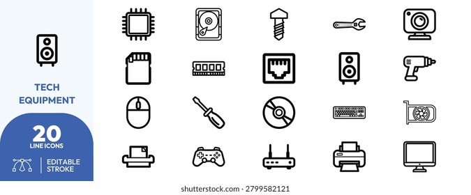 Tech gadgetry and repair components line icons for user interface design, software development, and digital project visualization.