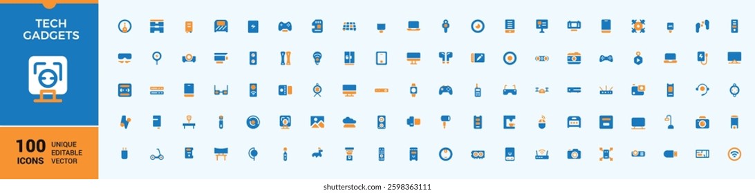 Tech Gadgets colorful icon set. Contains related to digital device, gadget, hardware, smart device, phone and more. Icon design. Device solid icons. Modern vector UI icons.