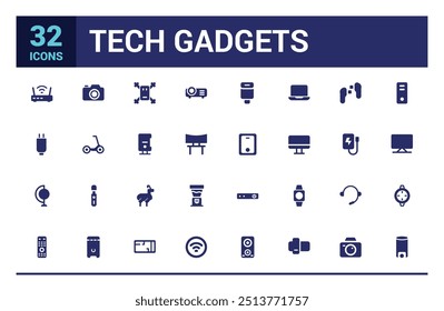 Tech gadgets icon collection. Smartphone, laptop, tablet, smart watch, drone, filled icon set, solid icon set. Glyph icon set for web and ui. Editable stroke. Vector illustration.