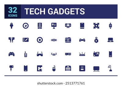 Colección de íconos de gadgets tecnológicos. Smartphone, portátil, tableta, reloj inteligente, drone, conjunto de iconos lleno, conjunto de iconos sólidos. Conjunto de iconos de glifo para Web y ui. Trazo editable. Ilustración vectorial.