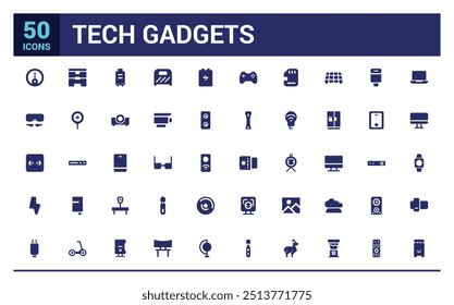 Tech gadgets icon collection. Smartphone, laptop, tablet, smart watch, drone, filled icon set, solid icon set. Glyph icon set for web and ui. Editable stroke. Vector illustration.