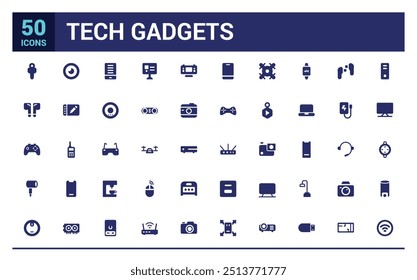 Tech gadgets icon collection. Smartphone, laptop, tablet, smart watch, drone, filled icon set, solid icon set. Glyph icon set for web and ui. Editable stroke. Vector illustration.